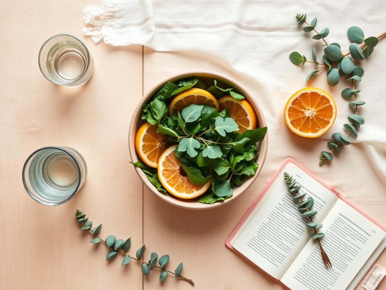 A bowl of fresh greens, fruit and a glass of water on a calm wellness flat-lay